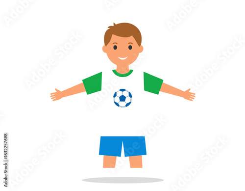 A cheerful young boy in a green and white soccer uniform with outstretched arms. A happy child athlete character for sports concepts.