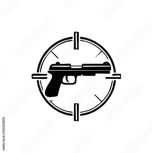 Pistol gun silhouette in a crosshair target sight vector graphic illustration