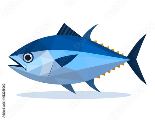 A striking low-poly illustration of a bluefin tuna, showcasing a modern geometric art style. This marine wildlife concept represents ocean life and seafood.