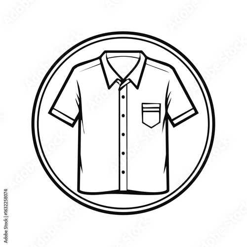 Vector icon of a short sleeved button up shirt black and white line drawing emblem