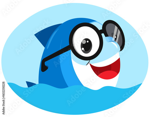 A fun-loving blue shark cartoon wearing geeky glasses and smiling in the water. A cool and cheerful marine life character concept.