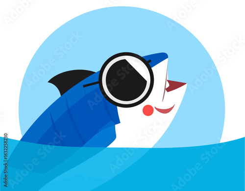A funny cartoon illustration of a cool blue shark character with big glasses smiling happily in the ocean waves. A cute and smart fish mascot.