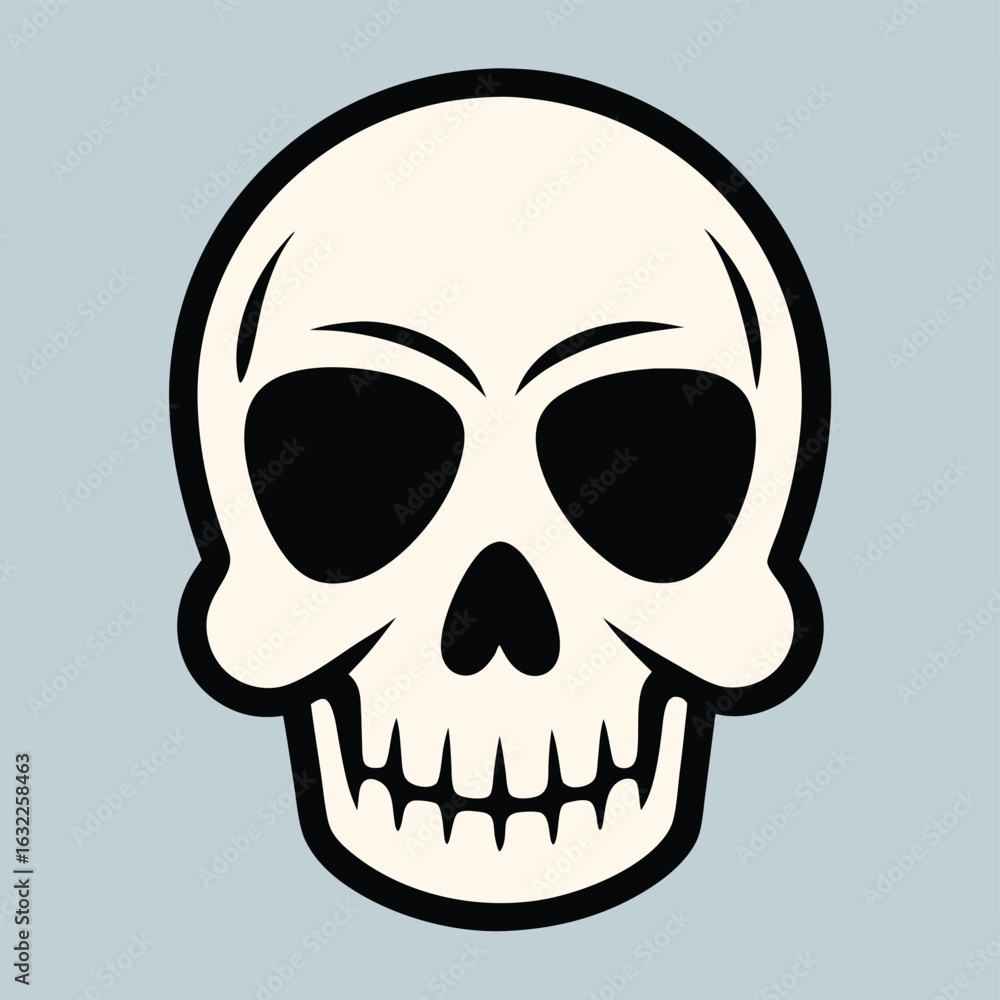 Fototapeta premium Cartoon skull with black eyes and teeth on blue background