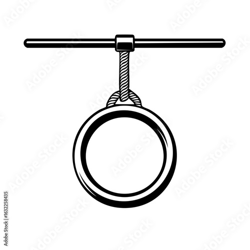 Gymnastic rings suspended by rope from a bar, illustrative graphic