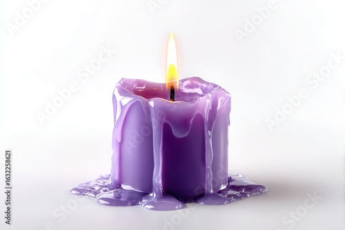 A lit purple candle with dripping wax melting down its sides isolated on white background
