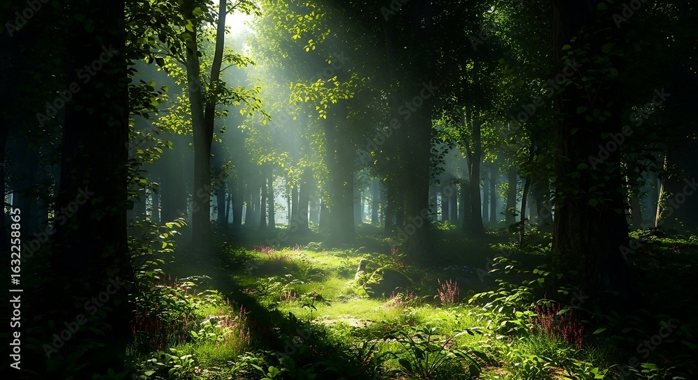 Fototapeta premium Enchanting Forest Sunlight Rays Through Trees