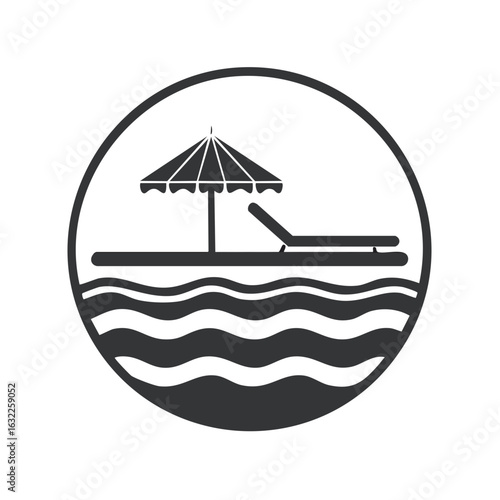 Beach icon with umbrella, waves, and sun lounger inside a circle shape