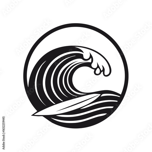 Simple black and white surfing logo with a large ocean wave and surfboard in a circular frame