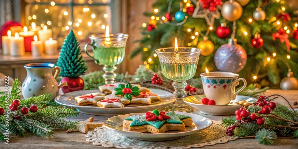 Naklejka premium A Festive Holiday Table Setting with Decorated Cookies, Candles, and Warm Beverages