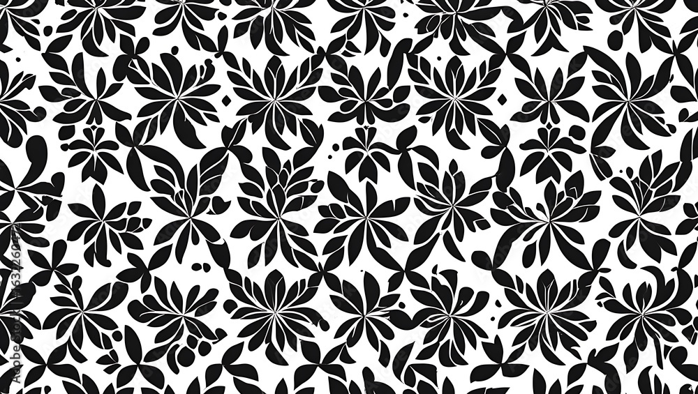 Fototapeta premium Black and white floral pattern with repeating leaves 