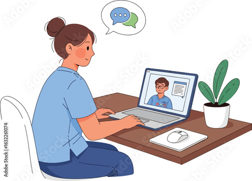 An illustration of a woman sitting at a desk having an online video call with a man on her laptop computer.