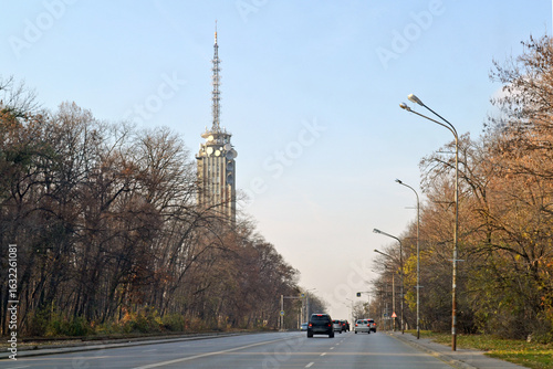 Canvastavla Dragan Tsankov boulevard and the Borisova Gradina TV Tower or old tower in Sofia