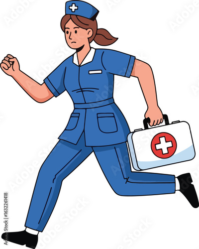 A female nurse in a blue uniform and cap runs urgently while carrying a white first-aid kit.