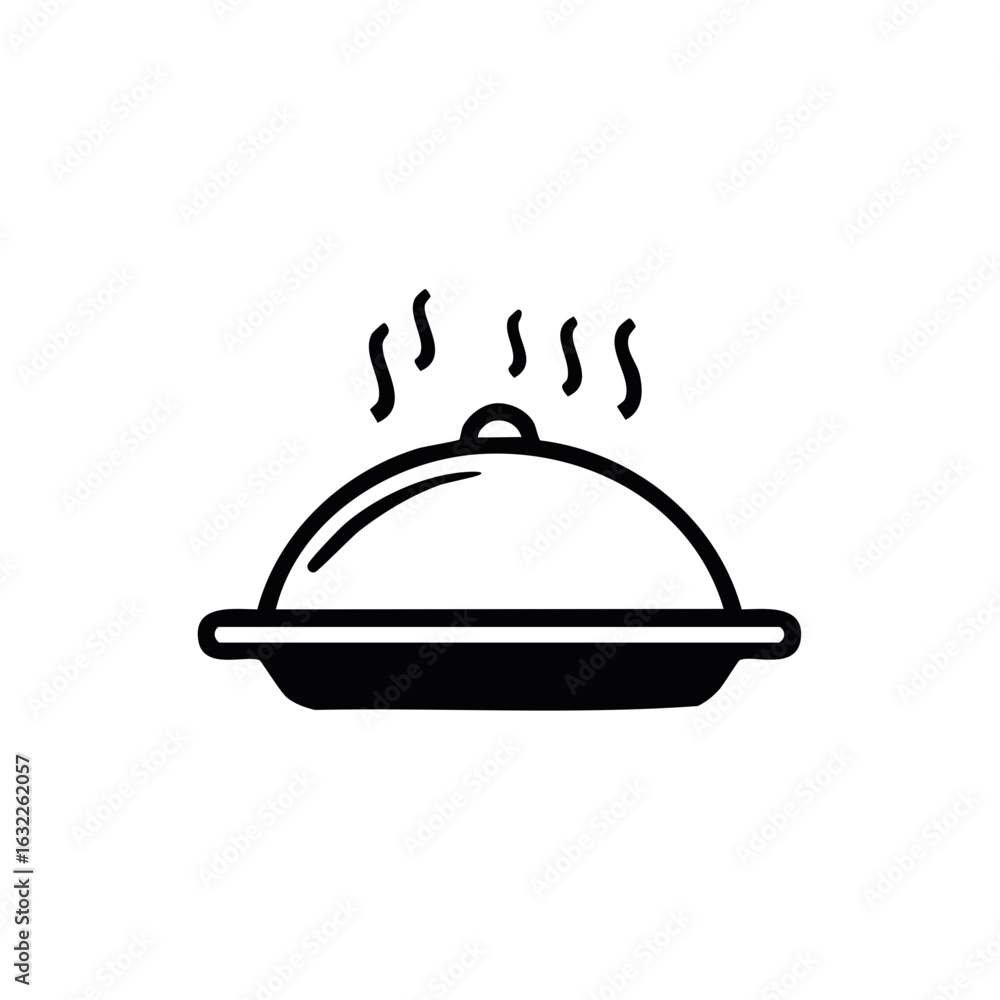 Fototapeta premium Elegant black outline of a steaming domed food server showcases culinary presentation and warm dining experience