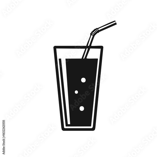 Simple black and white illustration of a tall glass with a drinking straw and bubbles