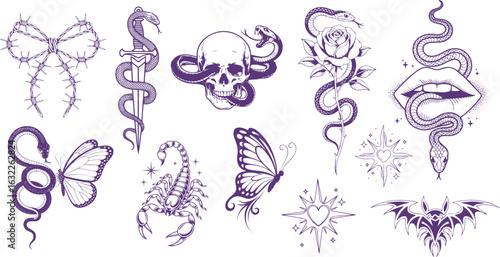 Set of Y2k collage, tattoo, dot photocopy.  effect, Y2K Stickers Set, photocopy effect, butterfly, snake tattoo, skeleton, skull, skull with snake etc. 