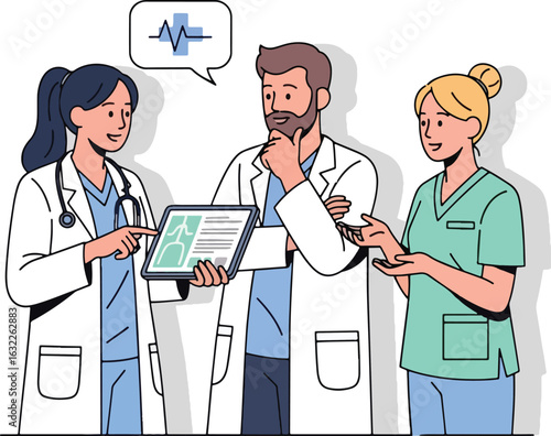 A team of doctors and a nurse collaborate, discussing a patient's medical data on a digital tablet, with a heartbeat icon in a speech bubble above them.