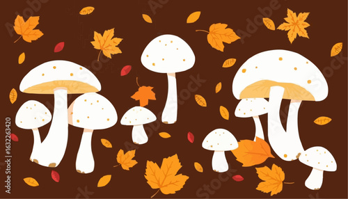 White mushrooms surrounded by autumn leaves on brown background  