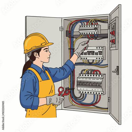 A skilled female electrician meticulously performs electrical maintenance, troubleshooting complex wiring systems within a residential or industrial circuit panel.