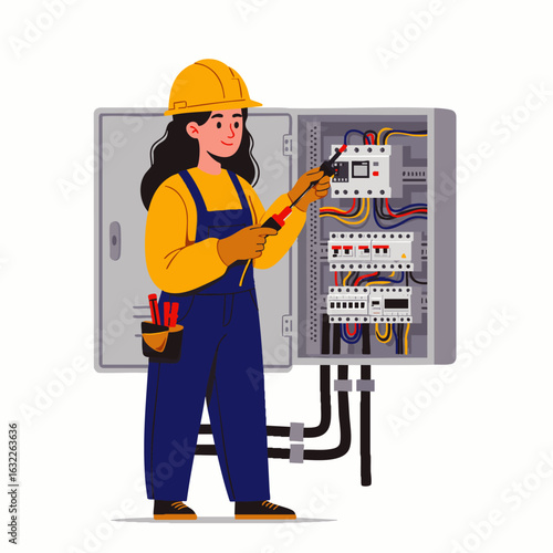A skilled female technician meticulously performs maintenance and troubleshooting on a complex industrial power panel, ensuring safety and system efficiency.