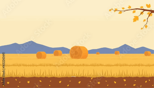 Rural landscape with hay bales under blue mountains at sunset  