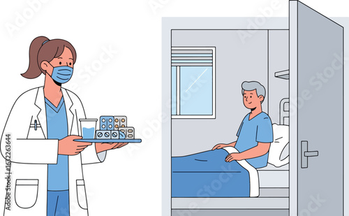 A female doctor in a mask brings a tray of medication and water to an elderly male patient sitting in a hospital bed.