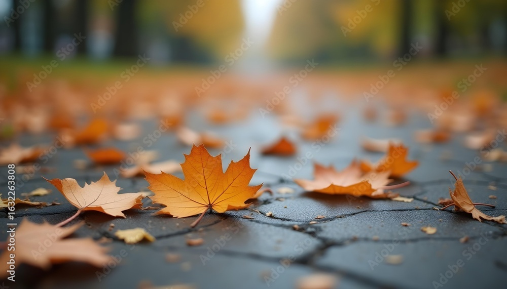 Obraz premium Autumn leaves on the pavement in the park. Selective focus.