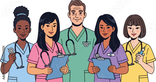 A diverse team of healthcare professionals, including doctors and nurses, wearing colorful scrubs and stethoscopes.