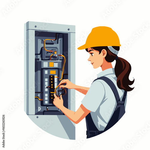 A skilled female electrician meticulously connects wires inside a modern electrical panel, ensuring safe and efficient power distribution during maintenance.