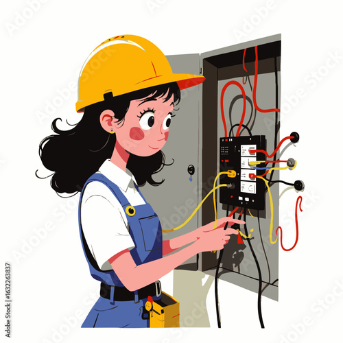 A skilled female electrician meticulously inspects and maintains complex electrical wiring within a residential or industrial circuit panel, ensuring safety and efficiency.