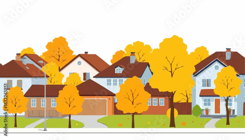 Colorful suburban homes with autumn trees in a residential area  