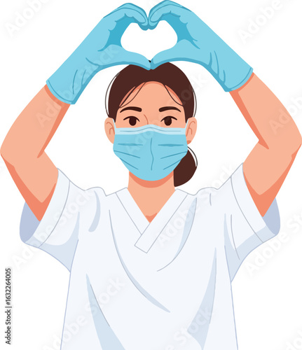 A female healthcare worker wearing a face mask and gloves makes a heart shape with her hands.