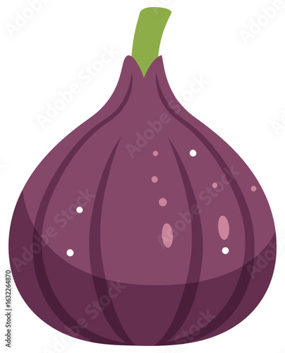 Fresh fig fruit in a clean flat vector illustration with deep purple skin and green stem - Perfect for healthy eating, organic fruit designs, and exotic food branding concepts