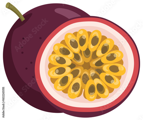 Illustration of a passion fruit with a vibrant purple shell and a cross-section revealing juicy golden pulp and seeds for tropical food design