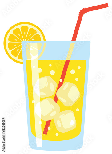 Refreshing glass of lemonade with ice cubes, straw, and lemon slice in a flat vector design - Perfect for summer beverage concepts, healthy drink themes, and tropical branding visuals