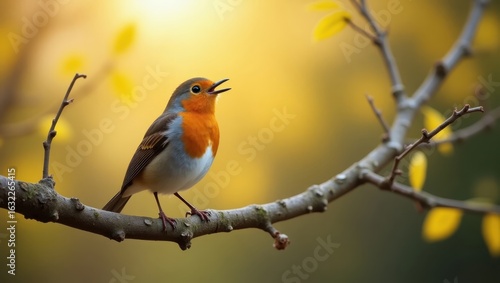 A robin perched on a branch, singing in autumn sunlight.