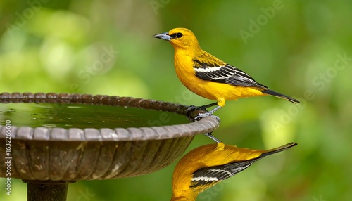 Golden oriole perched on a birdbath, reflecting in the still water surface