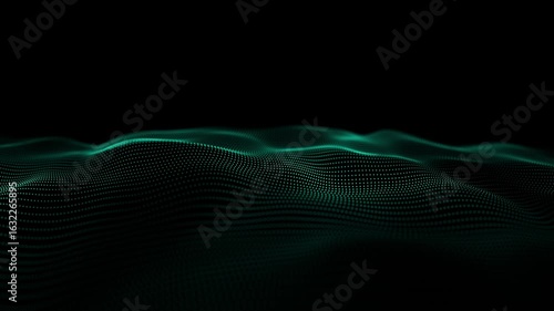 Futuristic wave of moving dots in dark space. Digital big data technologies. 3D rendering.