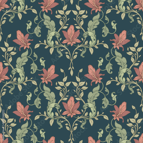 Seamless retro design with muted red flowers.