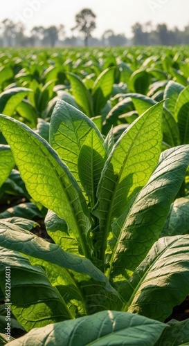 Lush green tobacco field with vibrant leaves under sunlight. Agricultural landscape with healthy plants and clear sky.