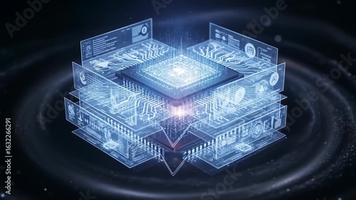 Futuristic Digital Processing Unit Core with Interactive Data Screens in Blue and White Hues on Dark Background