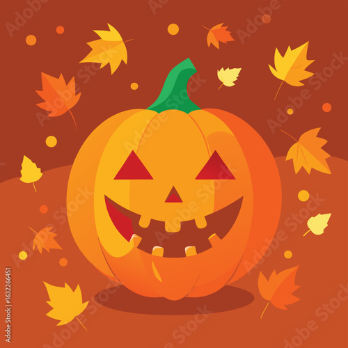 Smiling jackolantern with falling autumn leaves halloween