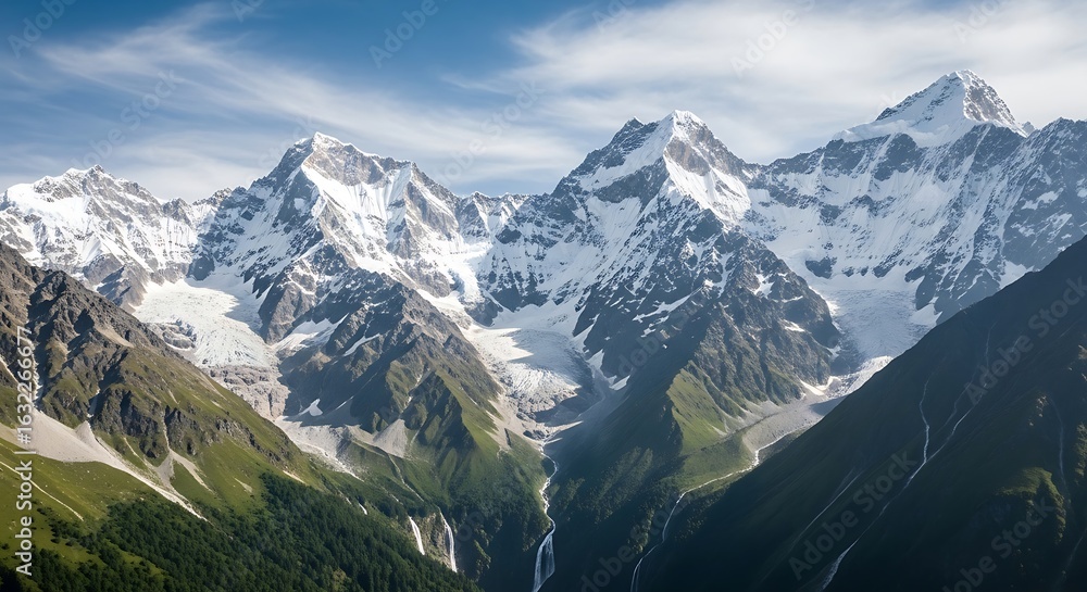 Fototapeta premium Majestic Snow-Capped Mountain Peaks with Glaciers and Waterfalls