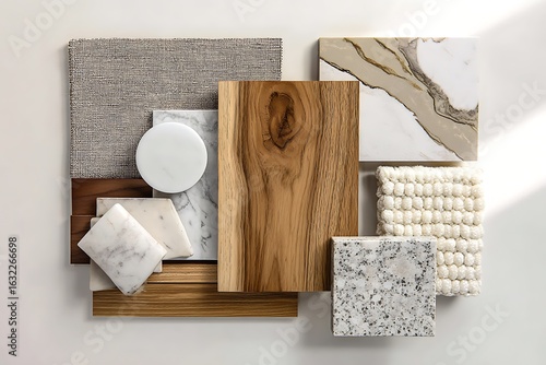 Elegant interior design mood board showcasing natural textures of wood, marble, granite, and fabric for stylish home decor