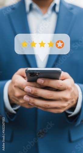 Customer feedback with five-star rating on smartphone. Business professional receiving positive review. Mobile interaction with star rating overlay.
