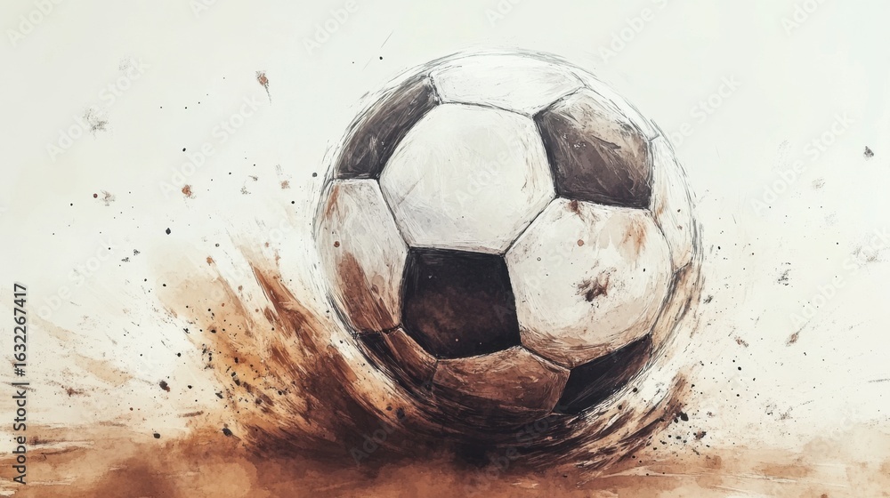 Fototapeta premium Dynamic artistic depiction of a soccer ball in motion with soil and paint splatter