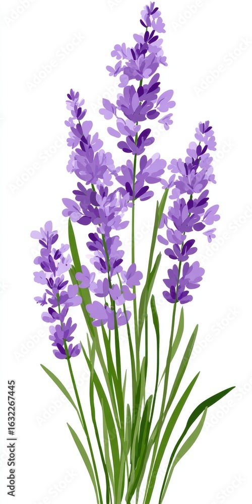 Fototapeta premium Lavender blossoms, vibrant purple hues, displayed against a white background with detailed green leaves