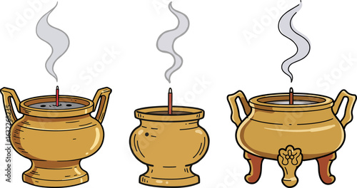 Hand-drawn style incense burners producing aromatic smoke  