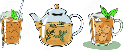 Hand-drawn style of iced tea in glasses and pitcher with mint leaves  