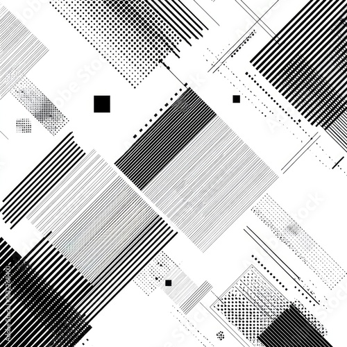Abstract graphic design with diagonal lines, squares, and dots